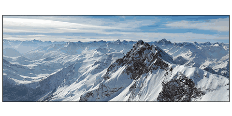 Panoramic print of a mountain snow scene