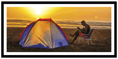 Print with frame depicting a campsite in the evening