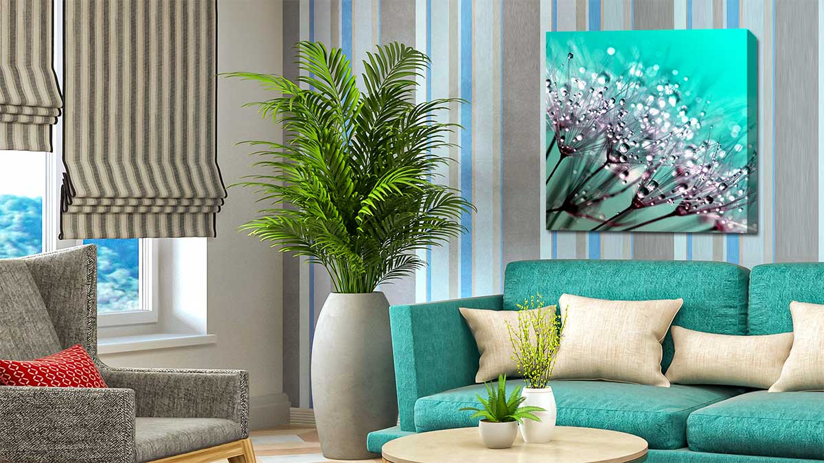 Micro photography of a flower with water droplets, printed on canvas and hung in a green themed sitting room