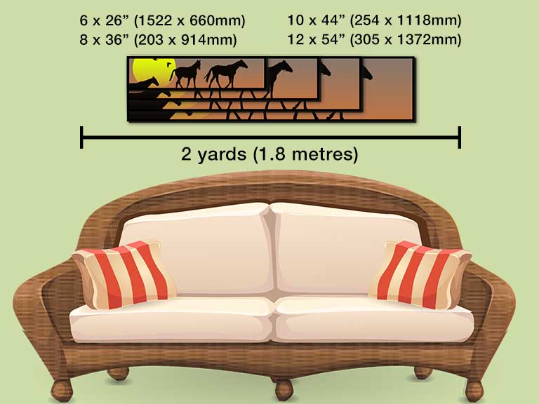 Sunset silhouette on 4 different panoramic canvas sizes