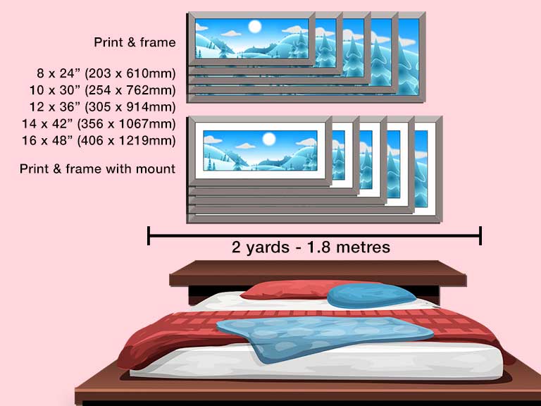 Snowscene picture printed and framed in 5 different super panoramic sizes