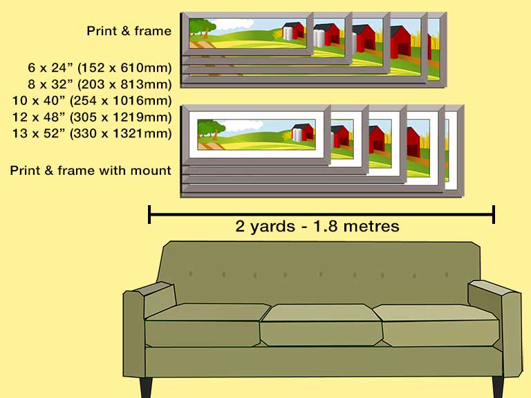 Framed poster of a meadow and barn in 5 difference ultra panoramic sizes