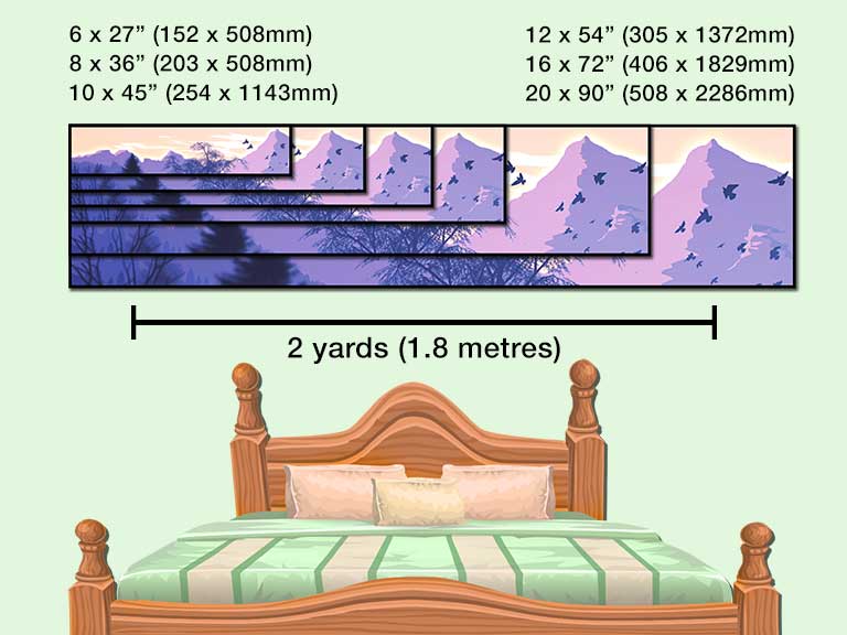 Image of mountains printed in 6 different panoramic poster sizes