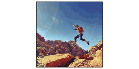 Square photo poster featuring a young man hiking