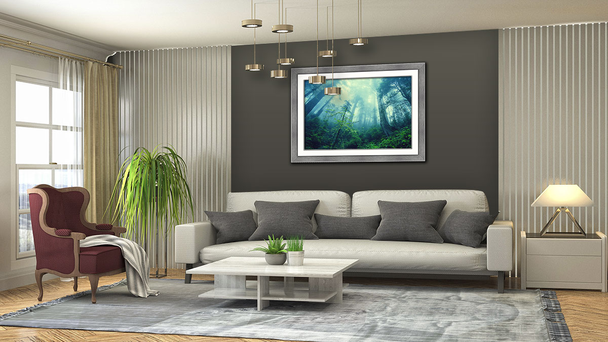 Framed poster of a forest hung on a sitting room wall